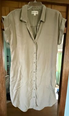 CLOTH & Stone Tencel Shirt Dress Khaki Short Sleeve Button Front Pockets Size M